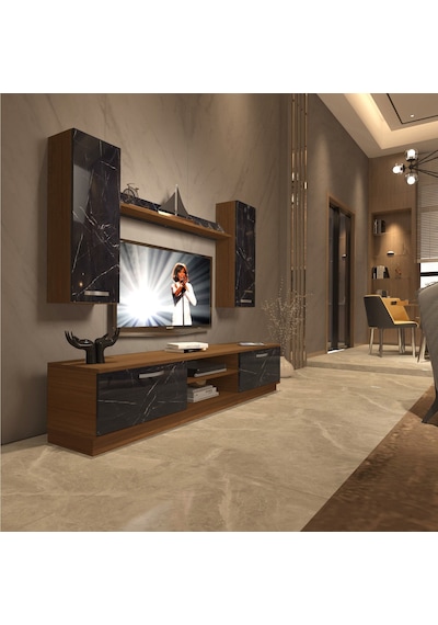 Decoraktiv Eko 5db Mdf Dvd Tv Ünitesi Tv Sehpası Ceviz - Siyah Mermer