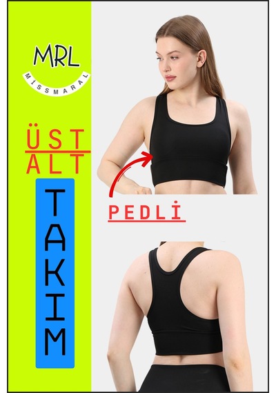 Missmaral Kadın Siyah Takım Alt-üst Kısa Şort-tayt Ve Pedli Sporcu Büstiyer 2li Set Haki Renk Biyeli Elt3043 Siyah Haki