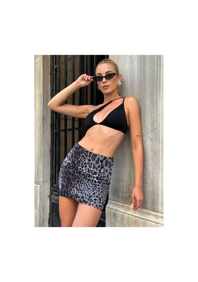 Winmoda34 Kadın Mini Leopar Tül İçi Astarlı Etek Gri-leopar