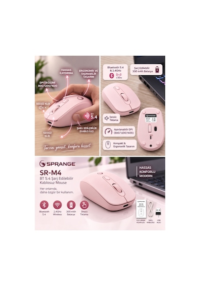 Sprange Sessiz Tık Şarj Edilebilir Kablosuz Mouse - Bluetooth 5.4 & 2.4ghz Çift Modlu Mouse Sr-m4 Pudra Sprange Sessiz Tık Şarj Edilebilir Kablosuz Mouse - Bluetooth 5.4 & 2.4ghz Çift Modlu Mouse Sr-m4 Pudra