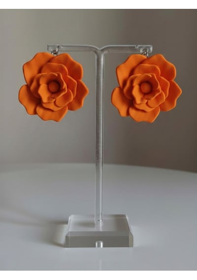 Kadın Küpe Büyük Turuncu Gül Model - 6 Cm Minimalist Halka/çivili Gül Çiçek Küpe