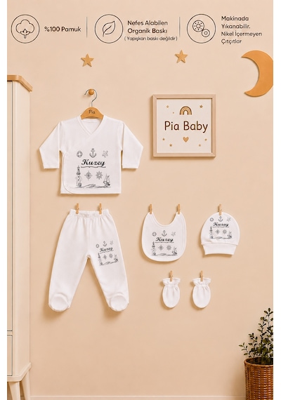 Pia Baby Kişiye Özel %100 Pamuk 5 Parça Erkek Bebek Zıbın Seti 2070z3x Krem