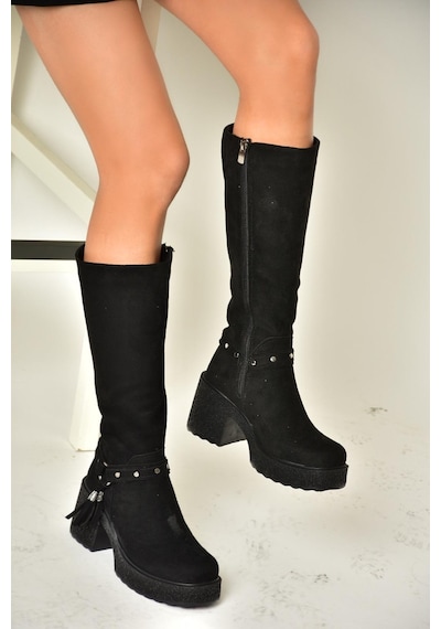 Fox Shoes T996224002 Siyah Süet Kalın Topuklu Kadın Çizme Siyah-süet