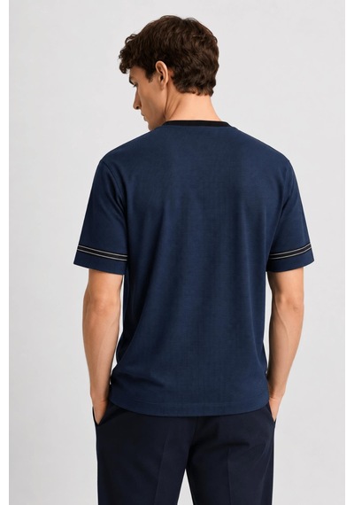Alexandergardi Şerit Detaylı Kontrast Yaka Basic T-shirt Lacivert Melanj