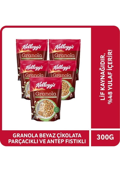 Kellogg's Granola Beyaz Çikolata Parçacıklı & Antep Fıstıklı 5 x 300 G