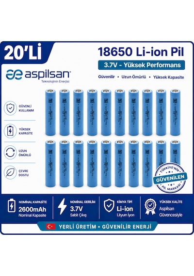 Aspilsan 18650 2600mah 3.7v Li-ion Şarjlı Pil 20'li Paket  Inr18650a28 Lityum İyon Hücre Elektrikli Bisiklet, Scooter, Ups, Solar Ve Powerbank Bataryaları İçin