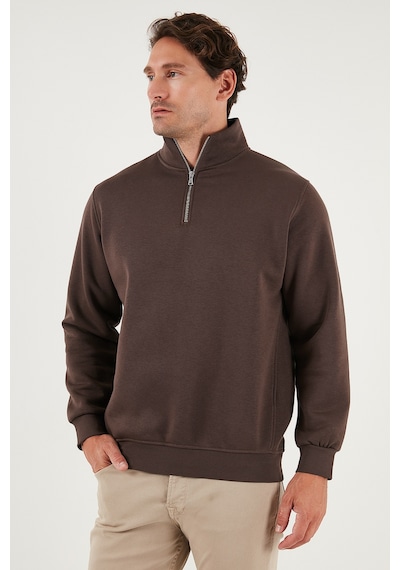Buratti Pamuklu Regular Fit Yarım Fermuarlı Dik Yaka Erkek Sweat 59052592 Koyu Kahve
