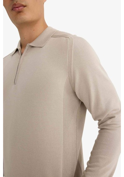 Defacto Standart Fit Normal Kesim Fermuarlı Polo Yaka Triko Kazak D0621AX24AU Bej