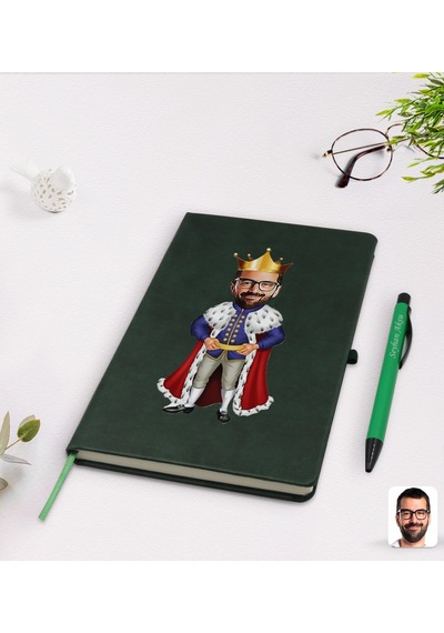 Kişiye Özel Kral Karikatürlü Yeşil Termo Deri Defter Kalem Seti M