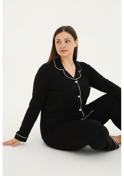 Bravie Luxury Viscose Siyah Beyaz Biyeli Kadın Uzun Kollu Büyük Beden Pijama Takımı 42501 Siyah