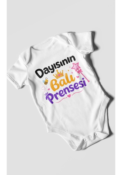 Morivokids Dayısının Ballı Prensesi Kısa Kollu Bebek Body %100 Pamuk Beyaz