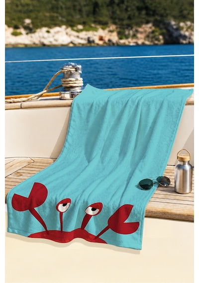 Yengeç Figürlü Deniz Çocuk Plaj Havlusu - Turkuaz Marine Havuz Banyo Hızlı Kuruyan Mikrofiber Havlu Ayaz Melisa