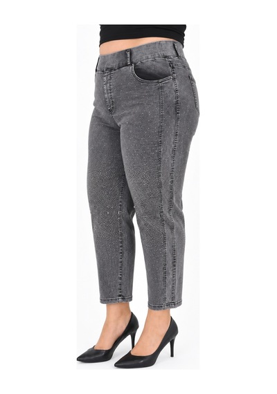 Zanessi Fashıon Büyük Beden Yüksek Bel Taş Detaylı Likralı Denim Mom Kadın Pantolon Siyah