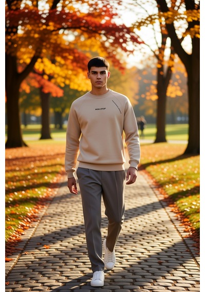 Benerly Erkek Bisiklet Yaka Reglan Kol Slogan Baskılı Regular Kalıp Sweat Vizon