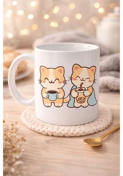 Sevimli Kedi Tasarımlı Porselen Kupa Model 194 İkili Cute Cat Baskılı Kahve Kupası Kedi Severlere Hediyeli Diğer