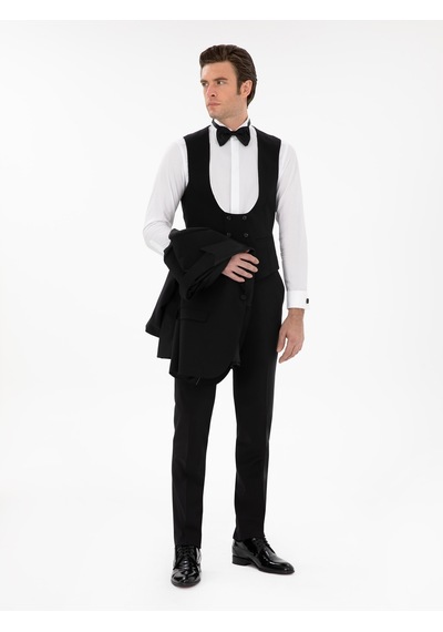 Cacharel Siyah Slim Fit Yün Karışımlı Yelekli Smokin Dmatlık