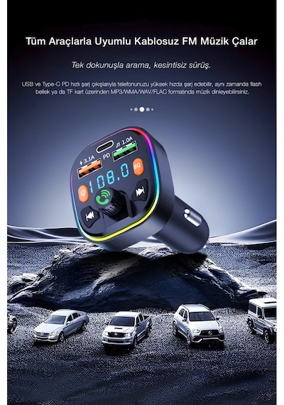 Bluetooth Araç Çakmaklık Fm Transmitter Işıklı Mp3 Çalar Type-c Hızlı Şarj Araç Şarj Cihazı