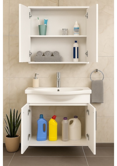 DMZ Home Concept Nova 80 Cm Beyaz renkli, Tamamı Mdf, Oval Seramik Lavabolu, Alt ve Üst Dolaplı DMZ Home Concept Nova 80 Cm Beyaz renkli, Tamamı Mdf, Oval Seramik Lavabolu, Alt ve Üst Dolaplı