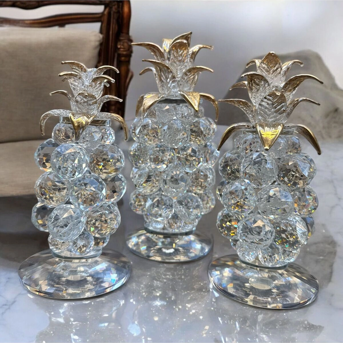 Dekoratif Kristal Cam Üçlü Ananas Set Şeffaf Gold