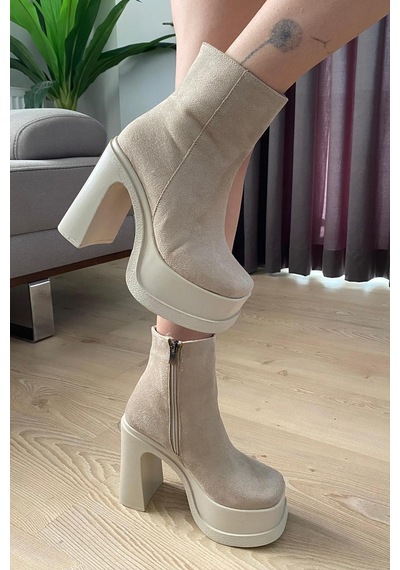 Kadın Sidney Krem Süet 12 Cm Platform Topuklu Fermuarlı Bot