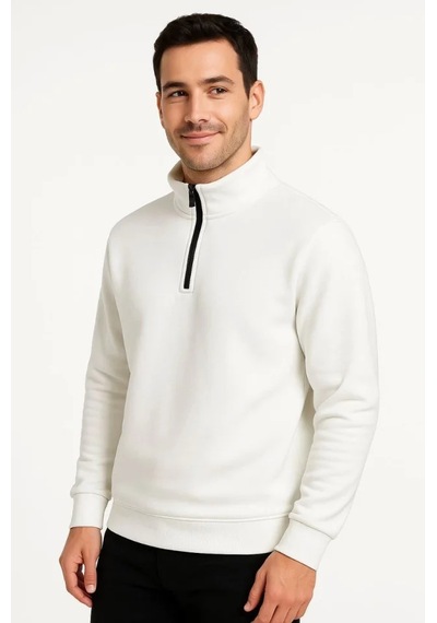 Erkek Dik Yaka Sweatshirt Dik Yaka Yarım Fermuarlı 3 İplik Şardonlu Pamuk Kumaş - Beyaz