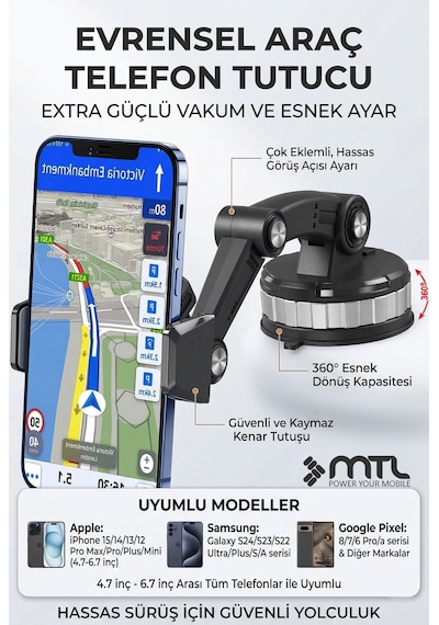 Robot Kollu Çok Eklemli Araç İçi Telefon Tutucu Süper Güçlü Vakumlu Dayanklı Otomatik Kilitli 360