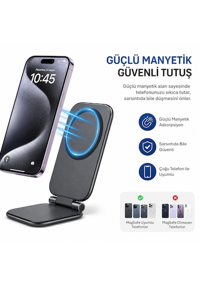 Katlanabilir Manyetik Telefon Tutucu Stand Araç İçi Ve Masaüstü Kullanım Ayarlanabilir Portatif Siyah