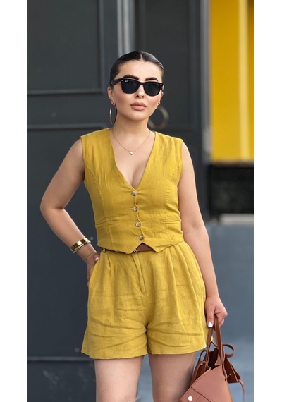 Hardal %100 Ham Keten Şort Hardal