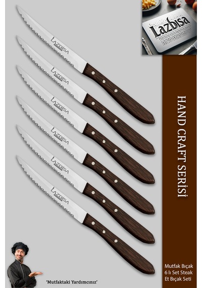 Lazbisa Mtf-058 Hand Craft Serisi Setak Et Bıçağı 6 Lı Mutfak Bıçak Restoran Et Steak Bıçak Ahşap