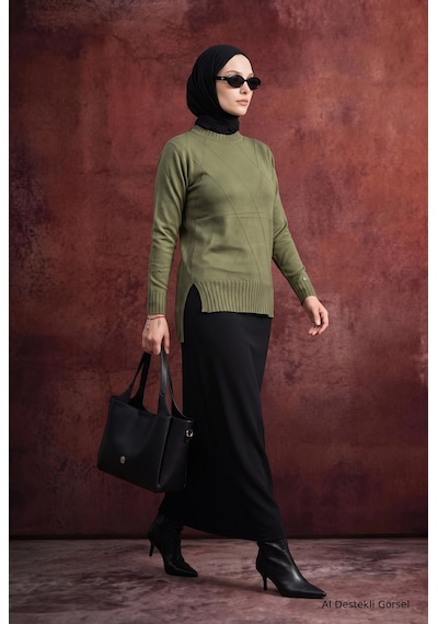 Armine Trend Geometrik Desenli Bisiklet Yaka Uzun Kollu Yan Yırtmaçlı Tunik Haki 26ktd415