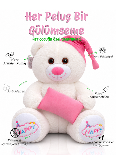 Ayıcık Şapkalı Ve Yastıklı Seri Peluş Ayıcık 60cm - Hediyelik Peluş Oyuncak 001 - Beyaz
