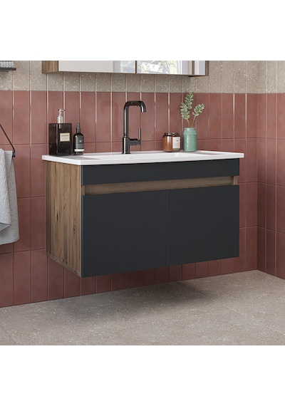 '' Lavabolu '' Mat Mdf 80 Cm Banyo Alt Dolabı Atlantik Çam - Antrasit