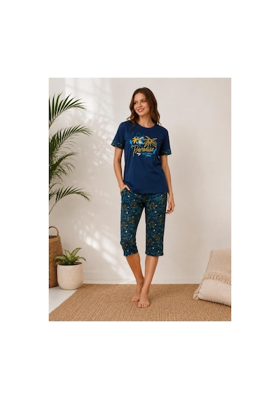 Pijamask Kadın Pamuklu Kısa Kollu Desenli Pijama Takımı Lacivert