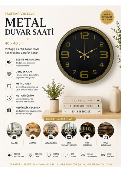 40 Cm Metal Eskitme Vintage Duvar Saati Modern Metal Altın Rakamlı