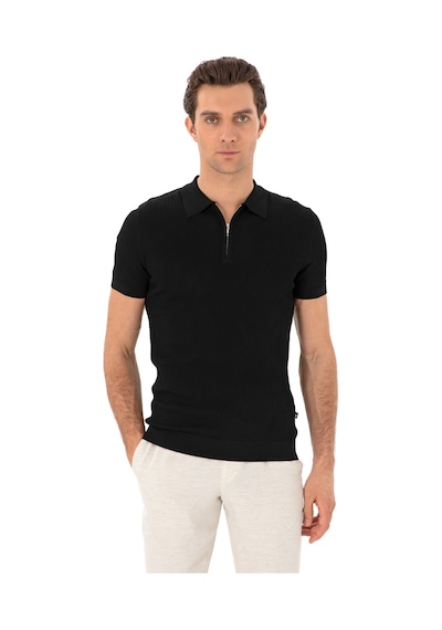 Siyah Slim Fit Fermuarlı Polo Yaka Triko T-shirt