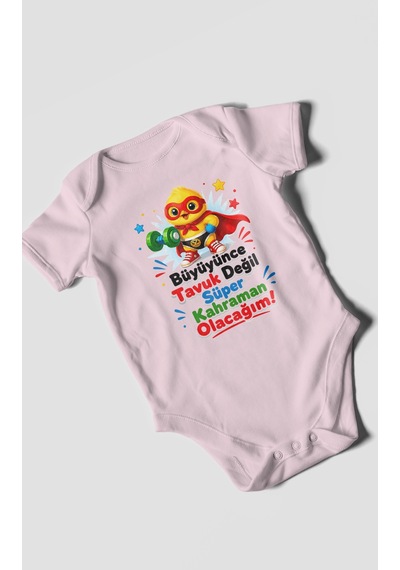 Morivokids Büyüyünce Tavuk Değil, Yazılı Kısa Kollu Bebek Body %100 Pamuk Bebe Pembe
