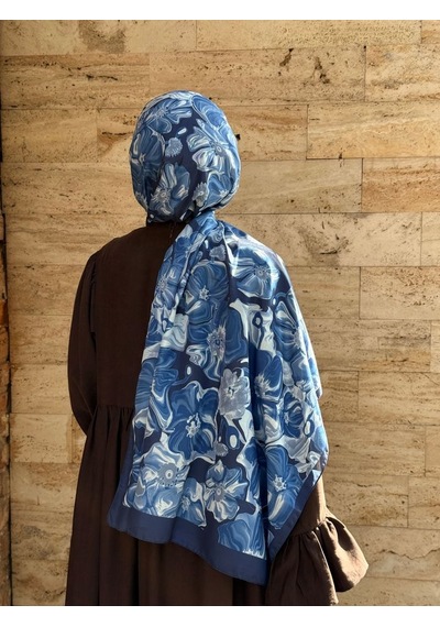 Qalortex Scarf Pamuklu Mimoza Desen Şal- Lacivert
