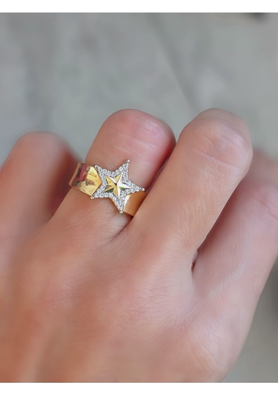 Ayarlanabilir Yıldız Model Zirkon Taşlı Gold Renk Çelik Yüzük Altın