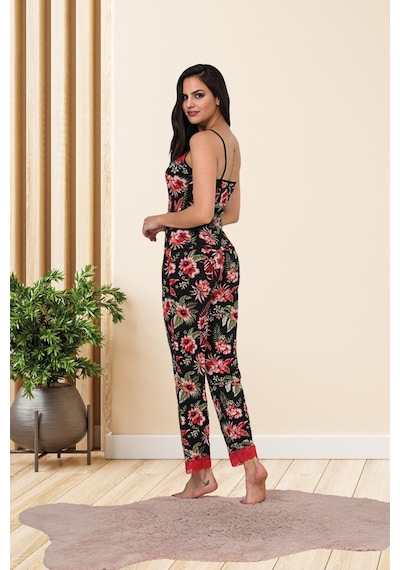 Myben Kadın Çiçek Desenli Pamuklu Likralı Siyah Askılı Dantel Detaylı Pijama Takımı 28454 Siyah