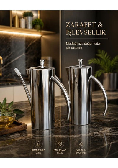 304 Lüks Paslanmaz Çelik Yağdanlık-demlik 700 Ml ,ateşe Uygun & Şık Sofra & Mutfak Kullanımı Çelik 2 Li