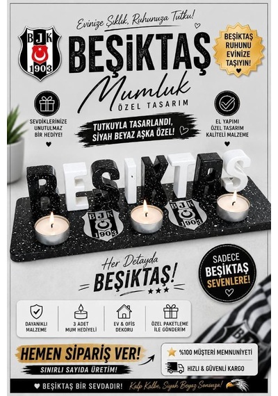 Siyah Beyaz Taraftar Temalı Dekoratif İsimlik Ve Mumluk Seti