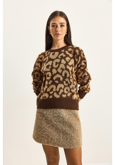 Shade Kadın Leopar Desenli Bisiklet Yaka Şardonlu Basic Triko Kazak 60285010 - Kahverengi-camel Çok renkli