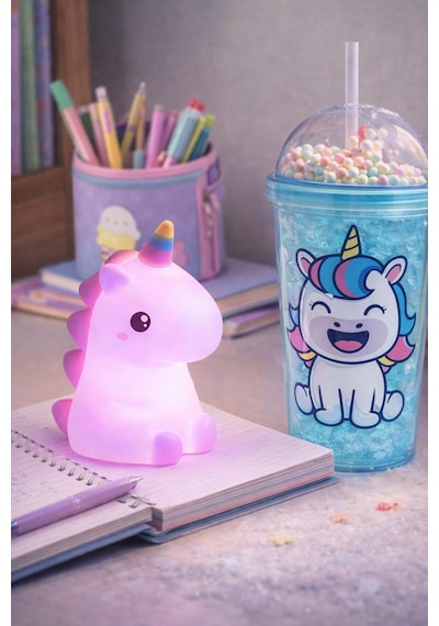 2 Li Set Işıklı Renkli Unicorn Figürlü Gece Lambası & Pipetli Boncuk Detaylı Suluk Bardak Mavi 450ml Set