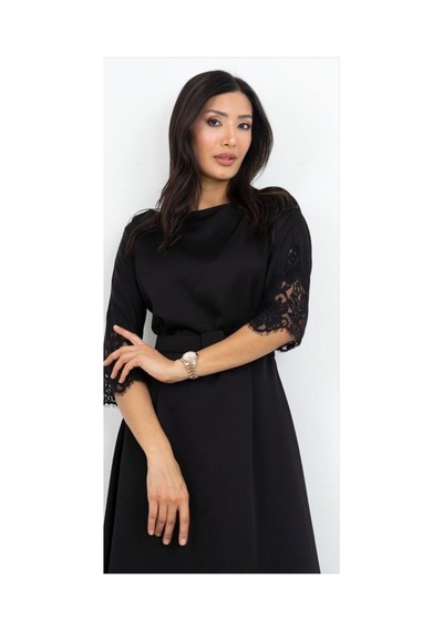 Dorne Moda Vizon Dantel Detaylı Kemerli Midi Elbise Siyah Siyah