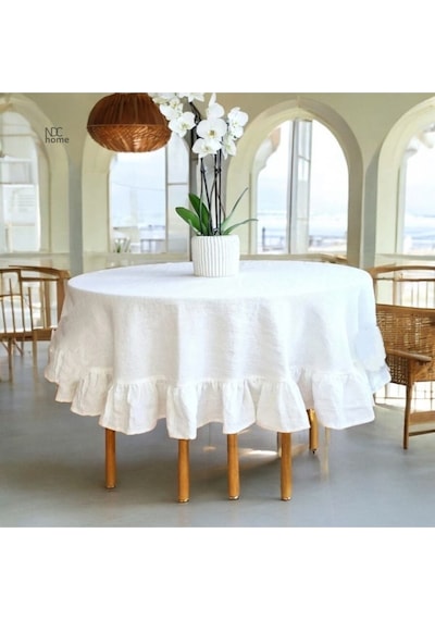 Dnc Home Tekstil  Premium Beyaz Keten Fırfırlı Yuvarlak Masa Örtüsü 001
