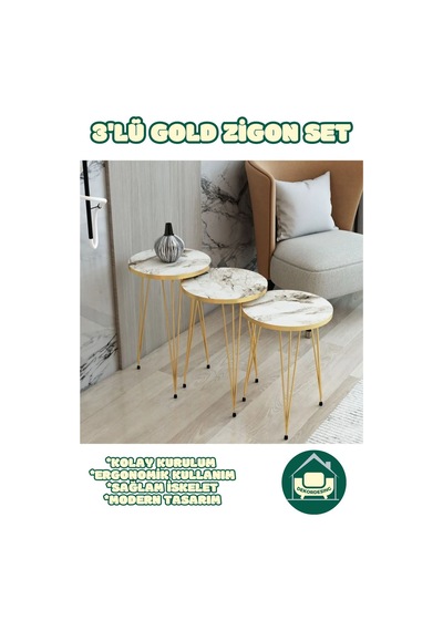 Berlin Beyaz Zigon Sehpa Gold Tel Ayak Lüks & Modern Tasarım