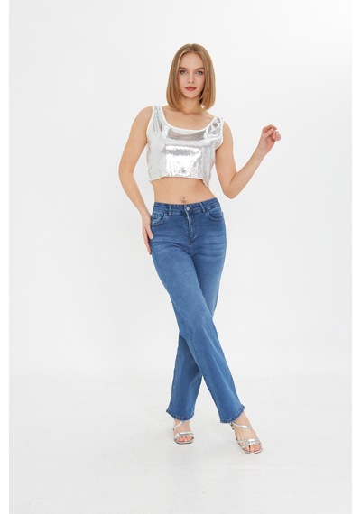 Kutaf Mavi Yüksek Bel Kar Yıkama Likralı Geniş Paça Palazzo Jeans Mavi