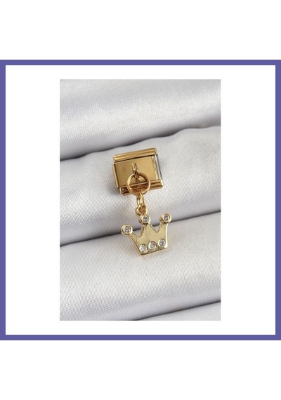 Bezos 316l Çelik Sallantılı Zirkon Taşlı Kraliçe Tacı Model Gold Renk Nomination Charm Nıda
