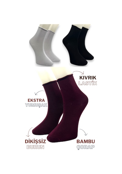 Premium 3 Çift Bambu Kadın Lastiksiz Roll Top Soket Dikişsiz Çorap / Iz Bırakmaz / Sıkmayan Çorap Siyah Bordo Beyaz