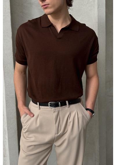 Erkek Oversize Pamuklu Polo Yaka Triko T-shirt Kahverengi